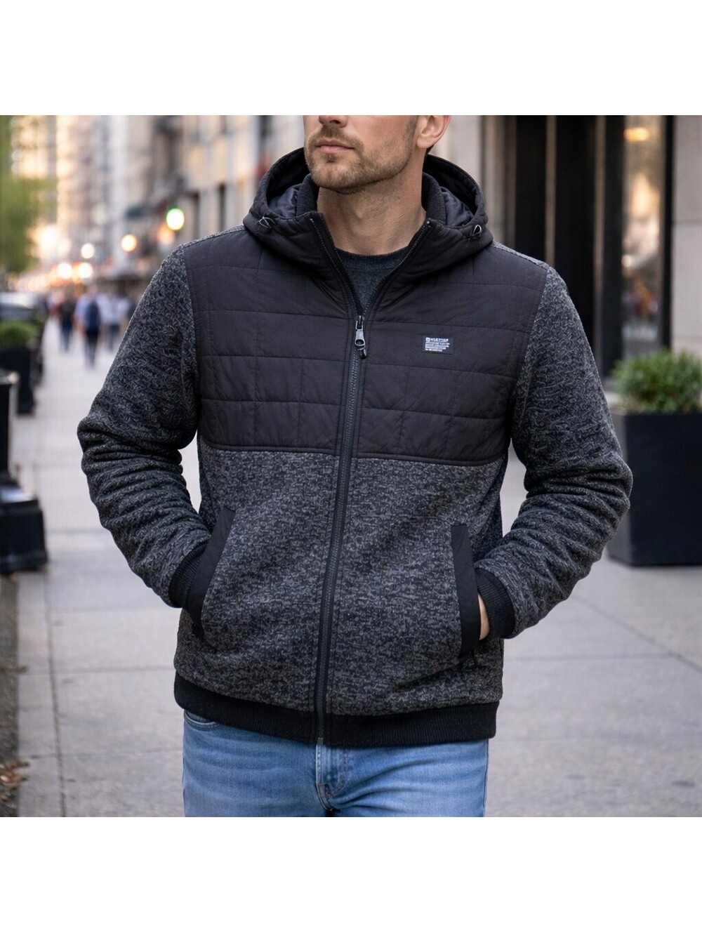Matix Jacket Mens Medium Gray Black Hooded Quilted Fleece Full Zip Coat Pockets